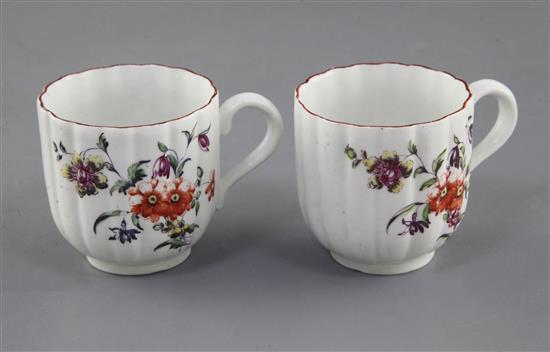 Two Derby ribbed coffee cups, c.1758, h. 5.8-5.9cm